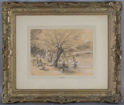 Edward Stott - Figures bathing at a Lake, late 19th/early 20th century pastel, signed with