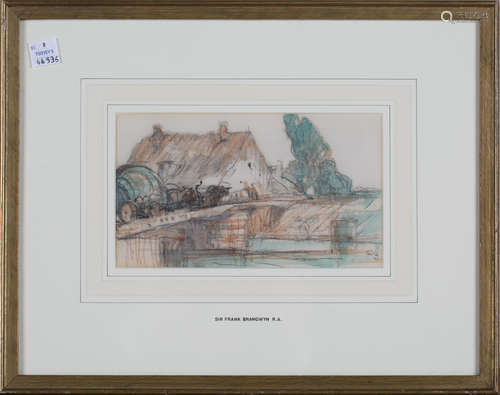 Frank Brangwyn - Horses approaching a Watermill, watercolour over charcoal, signed with initials,