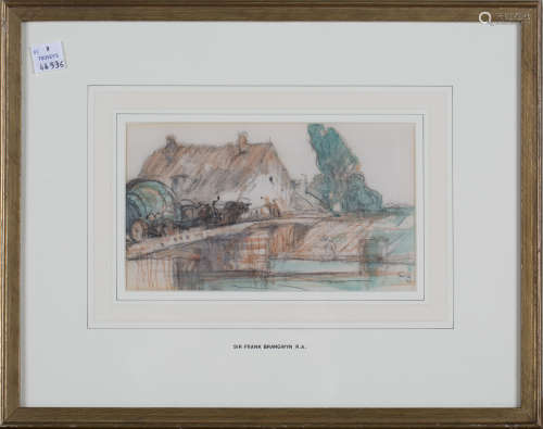 Frank Brangwyn - Horses approaching a Watermill, watercolour over charcoal, signed with initials,