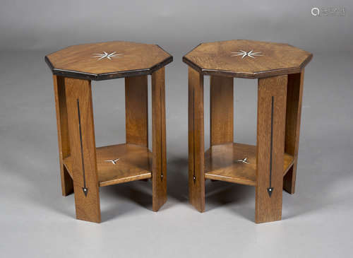 A pair of early 20th century Indian Arts and Crafts inspired hardwood octagonal lamp tables, the two