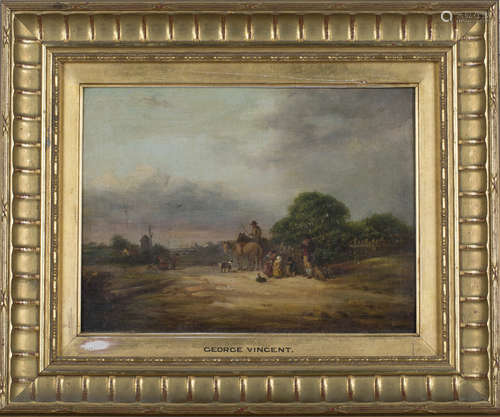 Circle of George Vincent - Figures and Horses on a Country Road, 19th century oil on canvas,