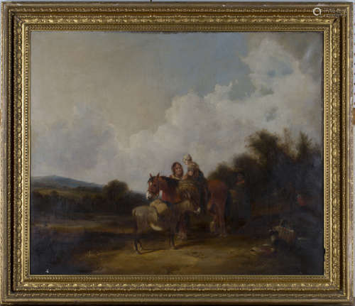 William Shayer - Landscape with Gypsy Encampment, Horse, Donkey and Figures, 19th century oil on