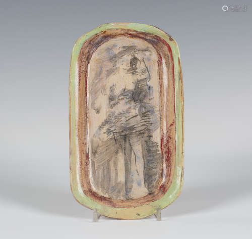 A Quentin Bell, Fulham Pottery rectangular dish, painted and incised with a figure within a green