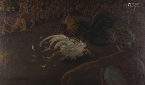 Dirk van Driest - Cockfighting Scene, probably South East Asia, 20th century oil on canvas, signed