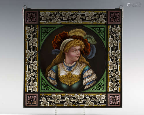 A 19th century stained and leaded glass square portrait panel, the circular reserve finely painted