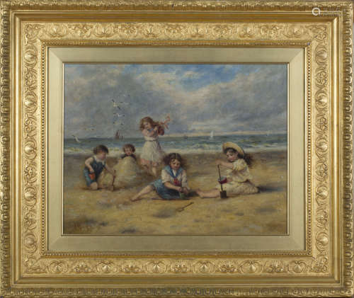 Follower of Frederick Morgan - Children playing on a Beach, late 19th/early 20th century oil on