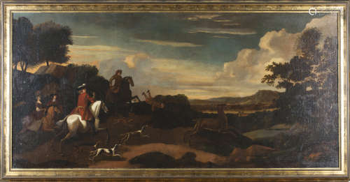 Circle of Jan Wyck - A Hunting Party in Full Cry, 18th century oil on canvas, 70cm x 146cm, within a