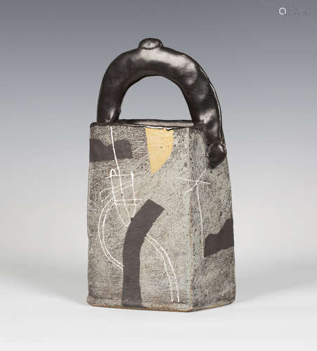 A John Maltby studio pottery stoneware slab built basket, the rhomboid shaped body decorated to