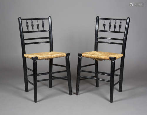 A pair of late 19th/early 20th century Arts and Crafts ebonized ash Sussex side chairs, probably