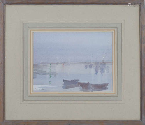 Francis Russell Flint - Moonlit Harbour Scene, 20th century watercolour, signed, 15cm x 20cm, within