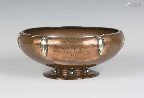 An Arts and Crafts/Art Deco hammered copper and white metal mounted bowl, presentation engraved 'B.