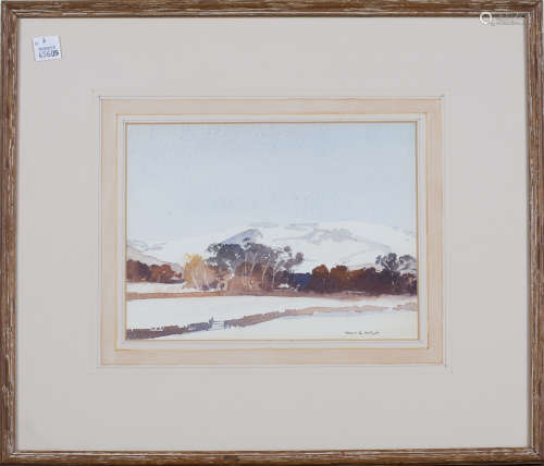 Francis Russell Flint - Winter Downland Landscape, 20th century watercolour, signed, 15cm x 20cm,