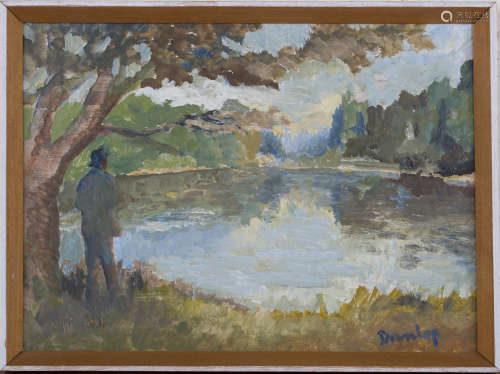 Ronald Ossory Dunlop - Figure on the on the Bank of a Lake, mid-20th century oil on board, signed,