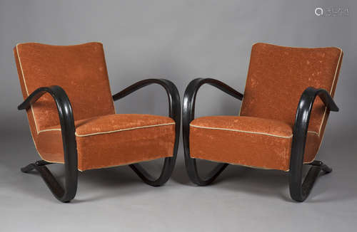 A pair of early/mid-20th century ebonized bentwood Halabala 'H269' armchairs, designed by Jindrich