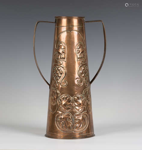 A late 19th/early 20th century Arts and Crafts copper two-handled vase, possibly Yattendon or