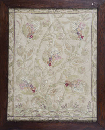 A late 19th/early 20th century Arts and Crafts silkwork panel, worked in pale silks with an