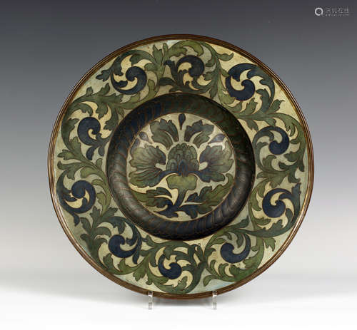 A late Victorian Arts and Crafts cloisonné enamel charger, probably by Clement Heaton, circa 1890,