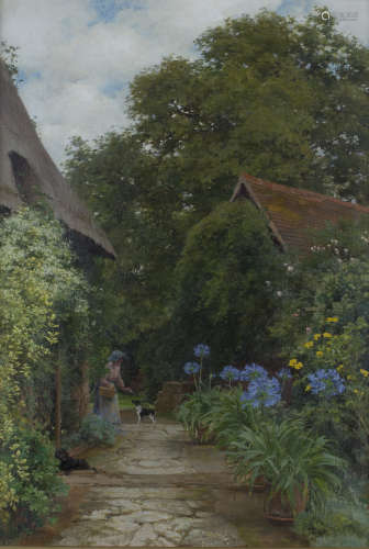 Alfred Parsons - Garden Scene with Figure and Dogs, early 20th century oil on canvas, signed