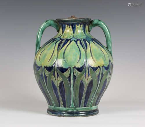 A large Della Robbia Pottery two-handled vase, circa 1900, probably designed by Charles Collis,