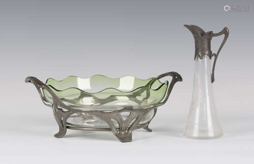 An early 20th century Continental pewter and green tinted glass bowl, width 29cm, together with a