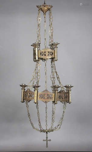 An early 20th century Gothic Revival gilt metal two-tier corona style chandelier, the two