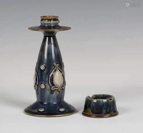 A Royal Doulton stoneware Art Nouveau candlestick, early 20th century, the swollen cylindrical