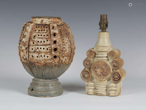 Two Bernard Rooke studio pottery stoneware lampbases, the first modelled as geometric shapes with