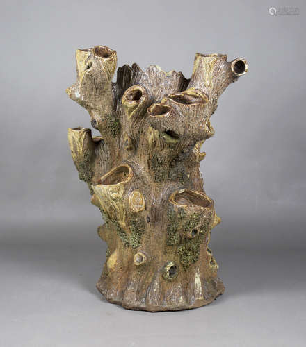 An impressive salt glazed stoneware garden strawberry planter, finely modelled as a naturalistic