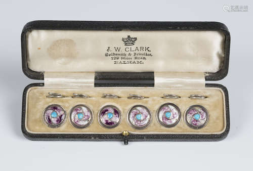 A set of six Edwardian Arts and Crafts silver and enamelled dress buttons, Birmingham 1908 by