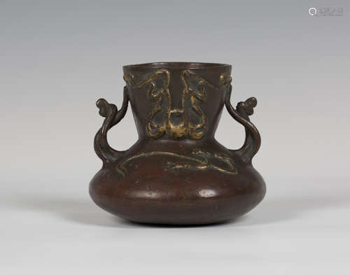 An Italian Art Nouveau two-handled pottery vase, circa 1900, the squat bulbous body with flared