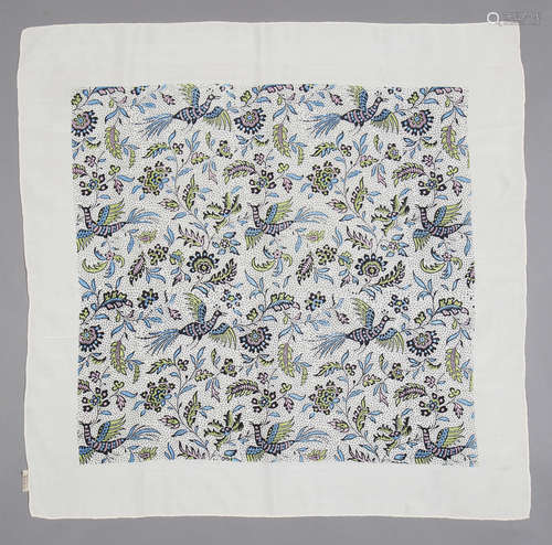 A mid-20th century silk scarf by Ascher, printed with a design of polychrome birds and foliage,