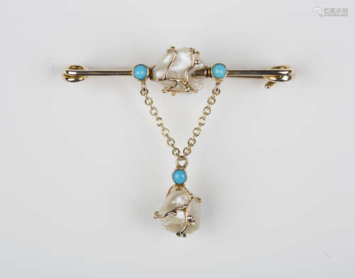 A Murrle Bennett & Co gold, seed pearl and turquoise set pendant brooch, probably 15ct, the two