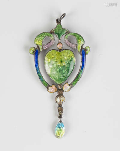 An Edwardian Art Nouveau silver and vari-coloured enamel pendant of open strapwork design with