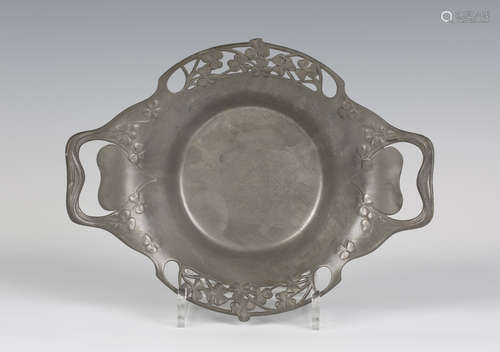 A Liberty & Co 'Tudric' pewter twin-handled basket, model number '0287', the raised rim pierced