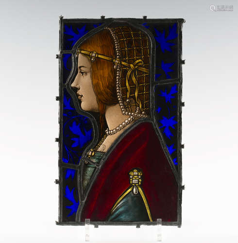 A Renaissance style stained and leaded glass rectangular portrait panel, depicting a maiden in