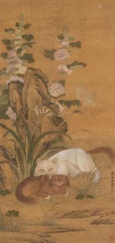 Xiang CHEN, China, 18th-19th centurySilk painting pasted on cardboard depicting two cats playing in a flowery landscapeSigned and located in Qiantang100 x 48 cm(tears)
