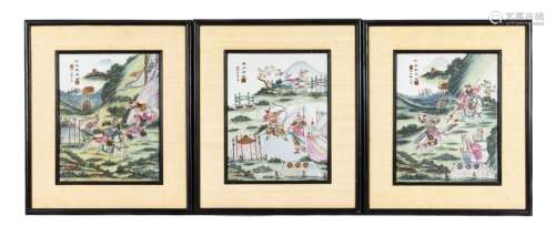China, 20th centurySeries of three polychrome porcelain plaques with warriorsSigned35 x 27.5 cm