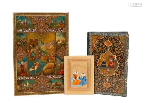 Iran, ca. 1900Set consisting of two lacquered papier-mâché binding plates and a miniature painted in gouache in the Safavidtaste From 23 x 17 to 47 x 31.5 cm(accidents)