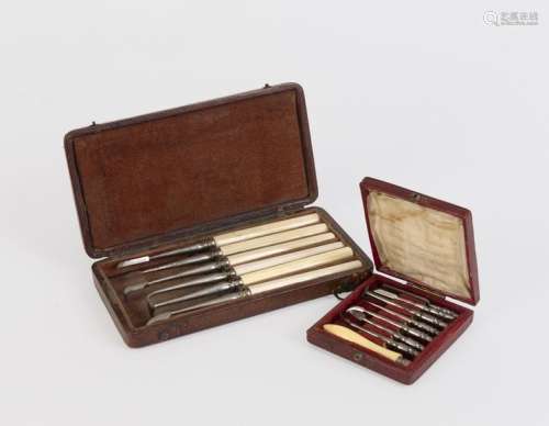 Two dentist's boxes containing 6 or 7 instruments in ivory and steel in brown or redleather-covered cases 19thCentury Era 14 x 7.3 and 6 x 6.6 cm(accidents)