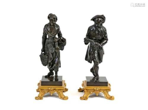 Couple returning from the marketPair of bronze sculptures with brown patina on 19th century Louis XV style pedestals in gilt bronze Frenchwork, probably 18th centuryH period: +/- 34,5 cm (including pedestals)Provenance: Château de la Roquette (Hainaut) A document signed by François d'Ansembourg on October 6, 1993is attached.