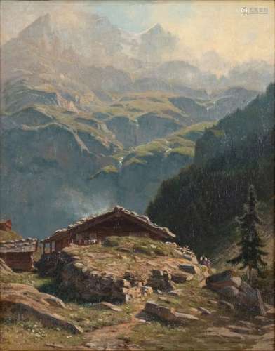 Albert Henry John GROS (Geneva 1852-1942)Animated chalet in the Lauterbrunnental valley on a Jungfrau backgroundOil on panel Signed lower left and subsequently dated (?) on reverse 187849 x 39 cm