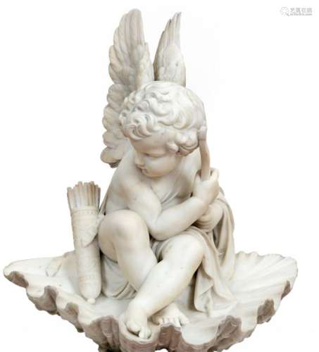 Cupid with bow and quiver sitting on a carved Carrara whitemarble shell Probably Frenchwork, first half of the 19thcentury H: 77,5 cmWidth: 70 cm(accidents and restorations)Provenance: Château de la Roquette (Hainaut) A document signed by François d'Ansembourg on January 31, 1994is attached.