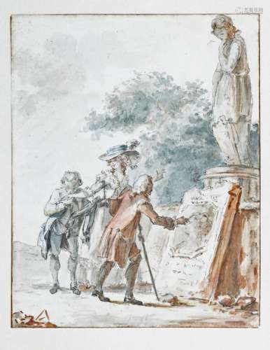Attributed to Claude Jean-Baptiste HOIN (1750-1817)Scène galante au décor antiquePlume d'encre et aquarelle sur papier collé21 x 16.5 cm