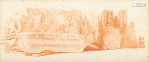 Attributed to Hubert ROBERT (Paris 1733-1808)Study of fragments of a Roman entablature Blood pencildrawing on laid paper150 x 330 mm (at sight), 157 x 344 mm (sheet)Annotation of attribution on reverse, inventory numbers front and back. Fine condition, some stitching Provenances: Collector's mark (L.1953a) of Giacomo de Nicola (1879-1926), art historian, director of the Bargello Museum in Florence. Presented by Jean Willems at the XXth Belgian Antiques Fair, number: 437, two labels on the back