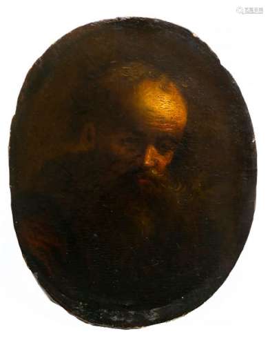 Attributed to Jan LIEVENS (Leiden, 1607-Amsterdam, 1674)Trony of an Elderly Man Oil on oval panel Handwrittenannotation on the reverse with attribution to Lievens, title and possible date of sale or inventory 173518 x 14 cm