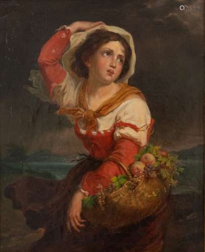 In the manner of Jean-Baptiste GREUZE (1725-1805)Young girl with a basket full of food fleeing the stormOil on canvas FrenchSchool, 19thcentury 59.5 x 48.5 cm