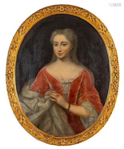 French school, 18thcentury Young woman in pink and white dressOil on oval canvas86 x 66 cm