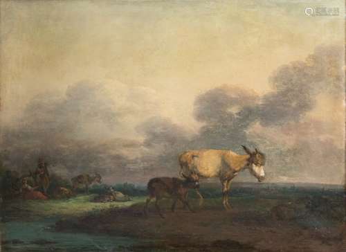 French school, 19th century Donkey and her colt near the resting shepherdsOil on canvas mounted on canvas60 x 81 cmFormerly attributed to Jean Pillement (1728-1808), see old label on the back