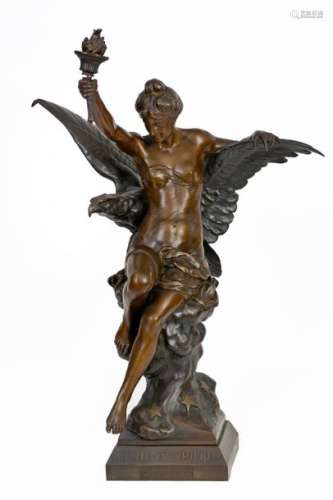 Émile PICAULT (1833-1922)Genius and Light Great allegorical bronze with brown patinaSigned E. Picault and titled on the base H: 93 cm(accidents)