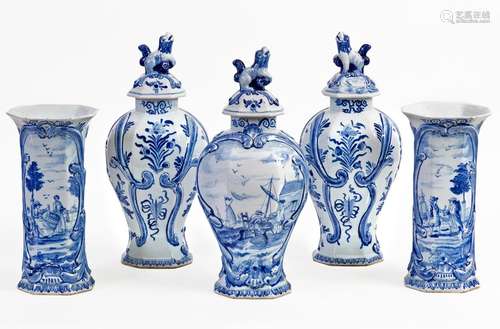 Delft blue and white earthenware set comprising a series of three covered pots and a pair of octagonal cone vases decorated with scenes of fisherman's lifeMarks in blue under cover End of 19th centuryH: 30 and 41,5 cm (with lids)(grit and restoration)